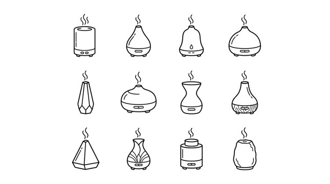Collection of modern air diffuser and humidifier icons with steam effect