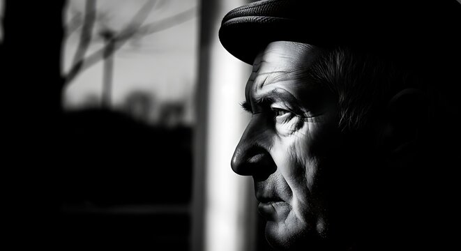 Profile portrait of an elderly man wearing a flat cap in black and white.