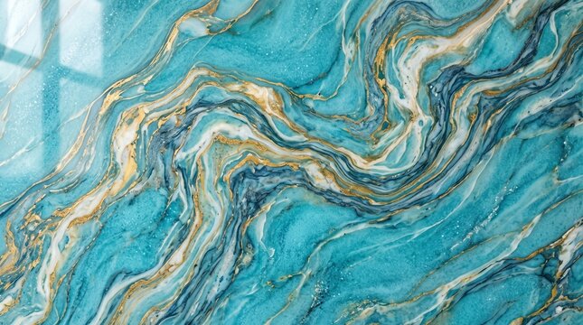 Teal and gold agate marble texture, abstract fluid stone background