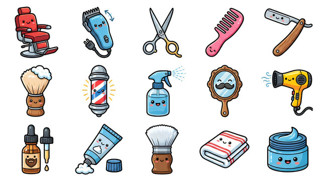 Set of cute cartoon barber shop tools and hair salon equipment icons with happy faces