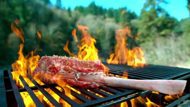Raw tomahawk steak falling onto hot outdoor barbecue grill with flames rising in slow motion cinematic action.