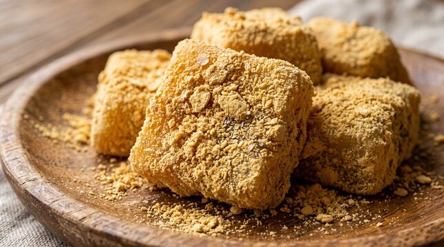 the rough soybean powder texture coating Injeolmi tteok cubes.