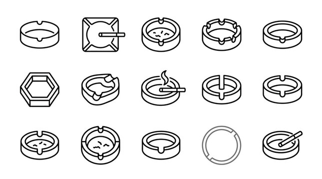 Collection of ashtray icons and symbols various shapes and designs isolated on white