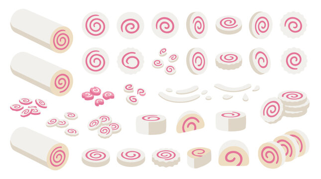 Set of isolated narutomaki surimi fish cake slices and rolls, traditional japanese food ingredients, culinary garnish, seafood ramen topping elements