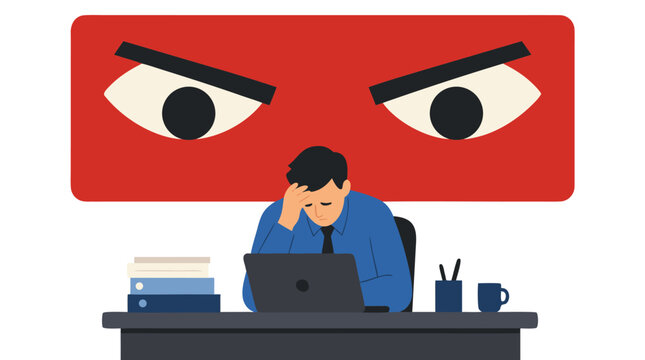 Stressed office worker hunched at desk under watchful eyes, workplace pressure and surveillance concept illustration with red looming face panel