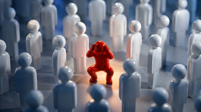 Red figure showing stress and panic standing out in a crowd of white figures representing mental health and anxiety issues