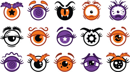 Obraz premium Set of cartoon monster eyes, funny alien eyeballs with different expressions, eyelashes and eyebrows, vector illustration