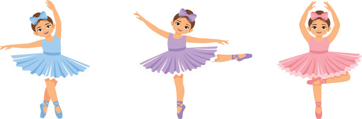 Cute Little Ballerina Girl Character Collection Wearing Colorful Blue Purple and Pink Tutu Dresses Isolated on White Background for Kids Ballet School Graphic Designs © Rubel