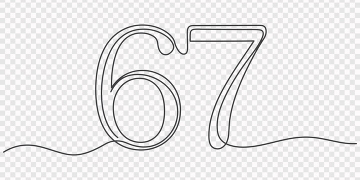 Continuous line sixty seventh number icon. One line icon. Vector illustration. transparent background, Minimal continuous one line illustration of the number 67 drawn in smooth black outline, styled.