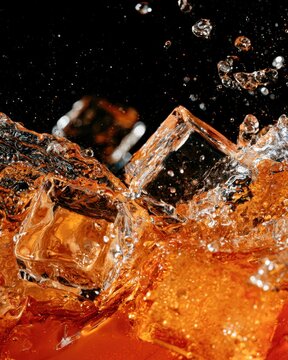 Ice cubes splashing in cola drink. Refreshing soda beverage with bubbles and liquid spray.