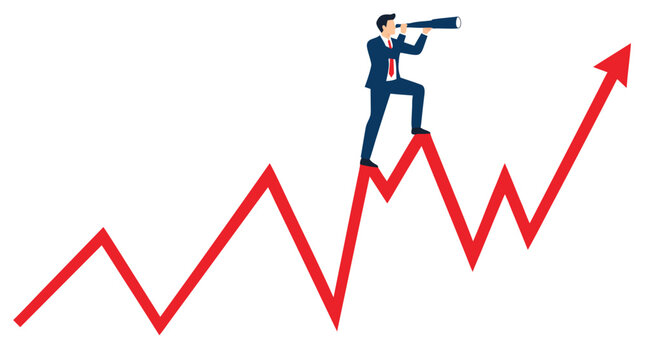 Businessman with telescope standing on volatile red stock market graph line, analyzing financial trends and market opportunities with vision and foresight