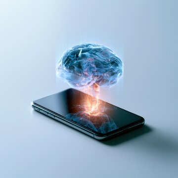 AI brain hologram emerging from smartphone. Digital neural network concept on mobile device.