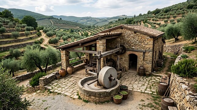 Traditional stone mill for olive oil production in a hillside grove