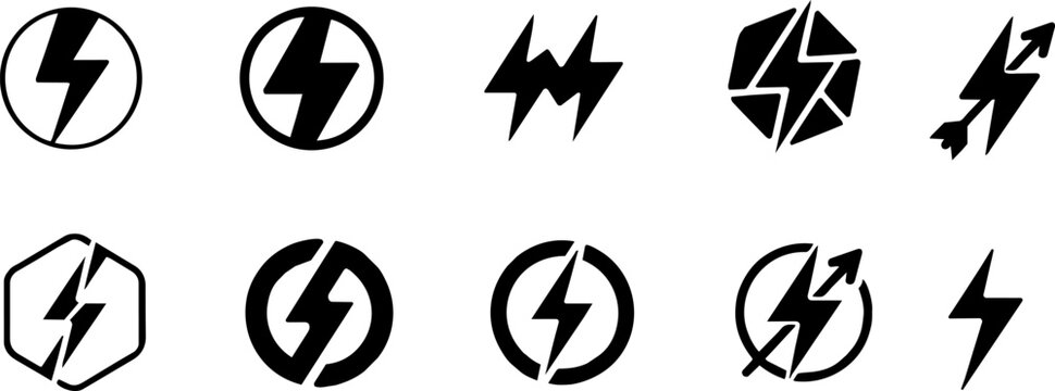 Isolated Lightning bolt icon set, black thunderbolt symbols for energy and power, 10 electric flash vector elements for logo design and UI ,Clean grouped each Icon