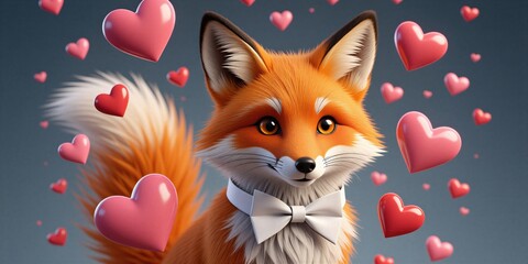 Fototapeta premium Cute orange fox wears white bow tie with floating pink hearts around. Small mammal animal portrait for birthday celebration romantic gift card design. Whimsical woodland creature looks into camera