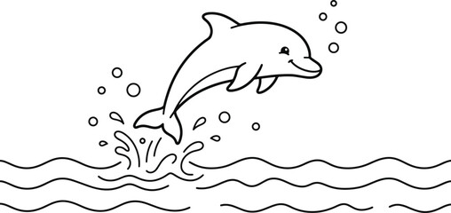 Cute dolphin jumping out of the water line drawing isolated on white background, illustration © Arohi