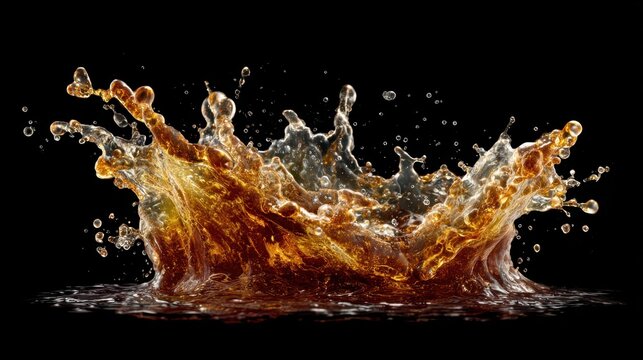 Coffee splash isolated on black background. Dynamic liquid explosion for beverage design.