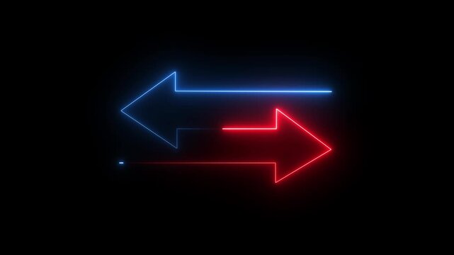 Glowing neon red and blue color direction left and right arrow icon animation neon sign signal information,two neon-style arrows pointing in opposite directions sign symbol on black