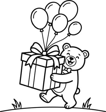 Cute teddy bear holding a gift box with balloons isolated on white background, illustration