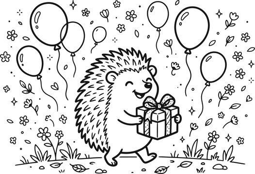 Cute hedgehog holding a birthday gift with balloons isolated on white background, illustration