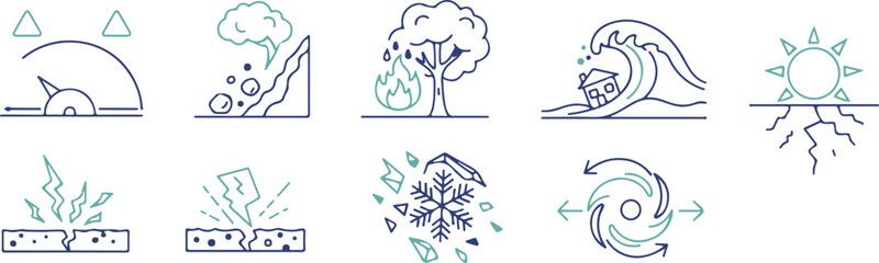 Fototapeta premium Natural Disaster Thin Line Icon Set Tornado Volcano Hurricane Flood Tsunami Vector