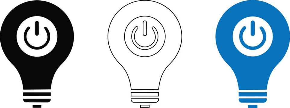 Light bulb power button vector illustration set with solid outline and blue colored graphic design.