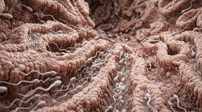 Biological creation voyage: human reproduction, sperm navigate, fertilize process, early embryo, female tract, internal view, cellular journey, conception start, ovum approach, vital mechanism.