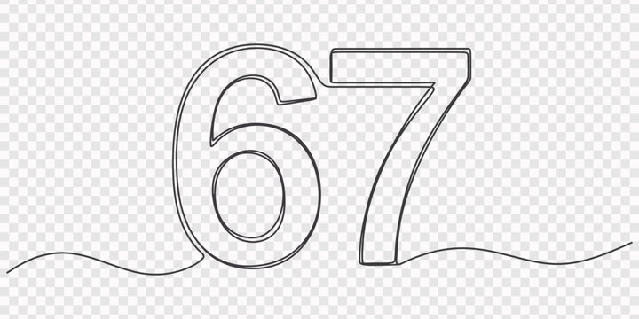 Minimal continuous one line illustration of the number 67 drawn in smooth black outline, transparent background, A single line drawing of a sixty seven symbol. representing humor, age joke, milestone,