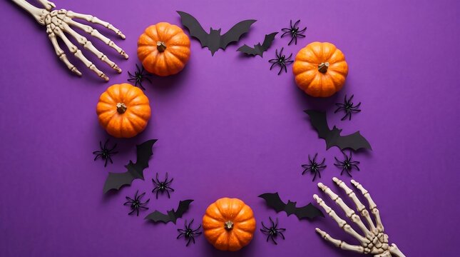 Halloween Circle Frame With Pumpkins Bats Spiders And Skeleton Hands On Purple Background For Party Design