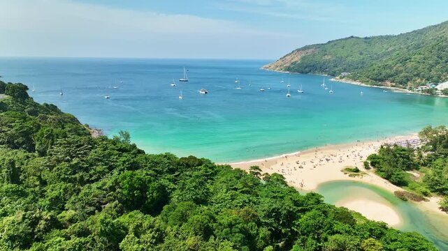 Aerial view Drone camera of seashore rocks in summer season, Beautiful sea in Phuket Thailand, Amazing sea waves crashing on rocks seascape in Phuket island Thailand