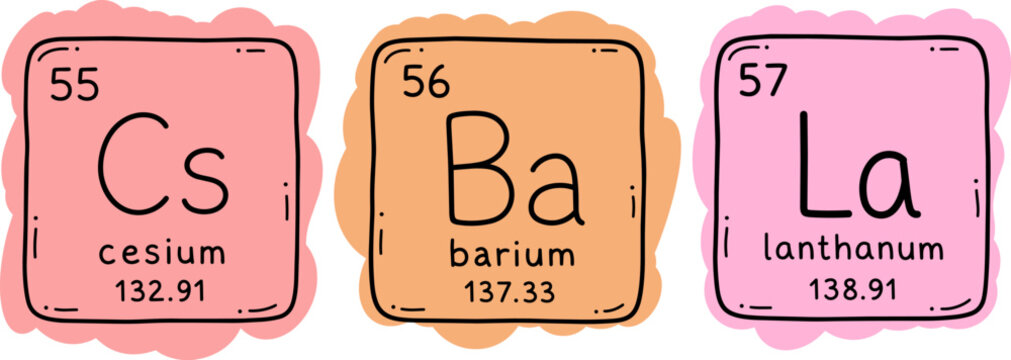 Cesium, barium and lanthanum periodic table elements with atomic numbers, symbols and atomic masses. Hand drawn colorful chemistry icon set.