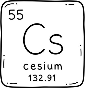 Cesium periodic table element with atomic number 55, symbol Cs and atomic mass 132.91.