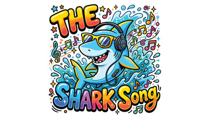 Fototapeta premium Cartoon shark wearing headphones for The Shark Song. Musical blue shark character with sunglasses and notes. Fun ocean predator vector illustration.