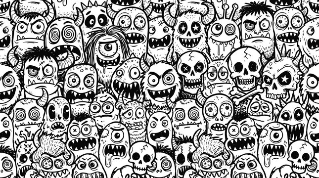 Hand-drawn monster doodle seamless pattern, black and white cartoon creature background, funny alien and skull character vector illustration