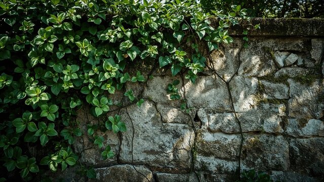 A stone wall partially covered with green ivy leaves.
