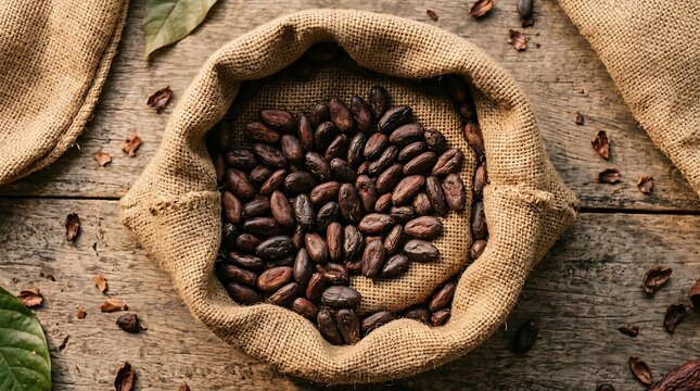 Raw organic cocoa beans in a burlap sack on a wooden table