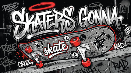 Urban graffiti skateboard vector illustration, Skaters Gonna Skate typography on street wall, edgy skate culture graphic for apparel © Iconify Studio