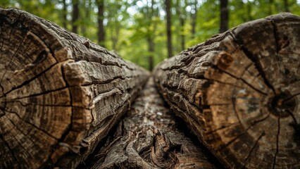 Obraz premium Close-up of cut logs in a forest, showcasing the texture and grain of the wood. Natural environment and timber, outdoor scene.