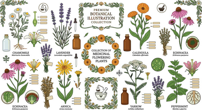 Premium medicinal flowering plants vector infographic set featuring chamomile lavender calendula echinacea yarrow arnica mint and essential oil bottles