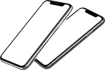 Obraz premium Two modern smartphones with blank screens angled on a white background showcasing digital interface space