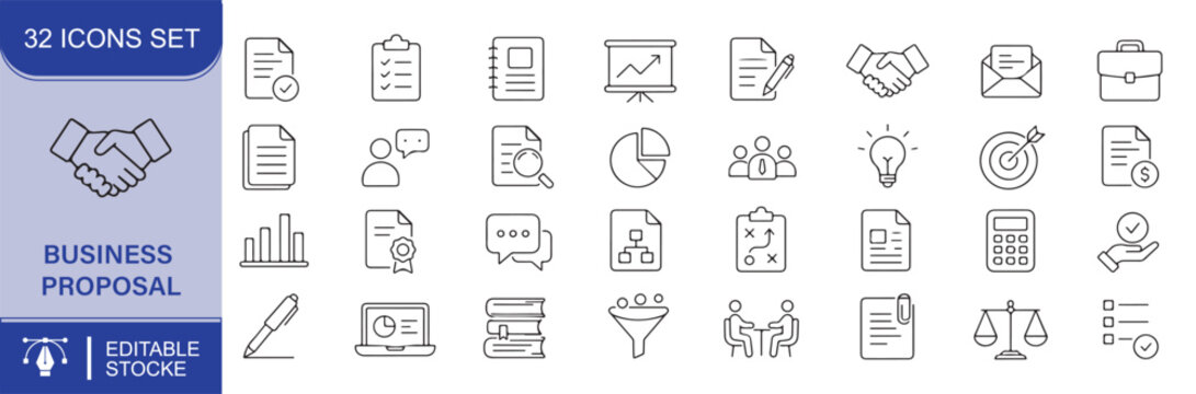 32 Business Proposal Vector Outline Icons Set &ndash; Project Planning, Business Strategy, Presentation, Agreement, Documentation and Corporate Line Symbols Collection