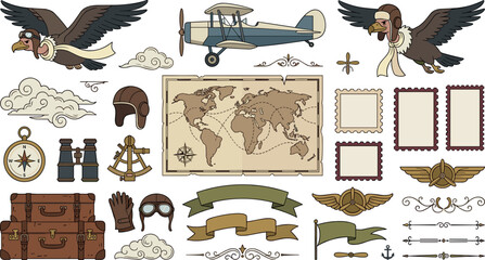 Vintage aviation vector clip art set featuring condor pilots biplane world map retro luggage compass binoculars and postage frames © MdAbdul