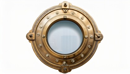 a vintage brass porthole with a clear glass window and functional hinges isolated on a white background evokes nautical themes maritime history and seafaring adventures © Marie K