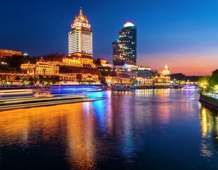 Fototapeta premium illuminated cityscape and river cruise at dusk reflecting colorful lights on water