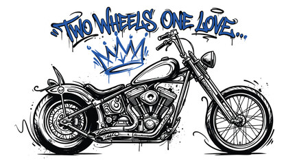 Graffiti style custom chopper motorcycle vector, urban street art bike illustration with crown, two wheels one love biker apparel design © Iconify Studio