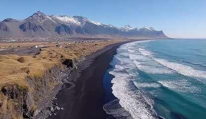 Naklejka premium Black sand beach meets snowy mountains. Aerial view of dramatic Icelandic coastline