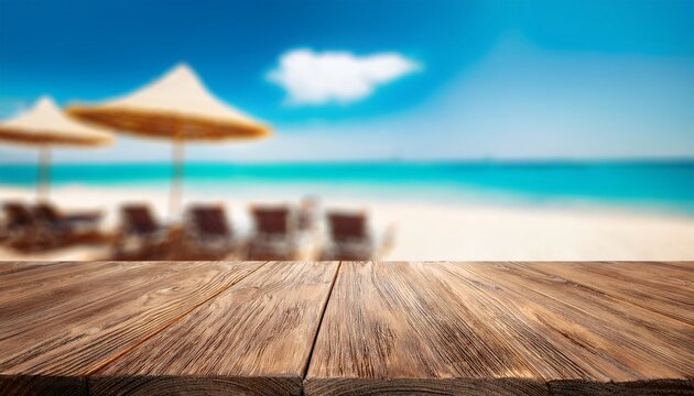 empty wooden table outdoors beach cafe blurred background