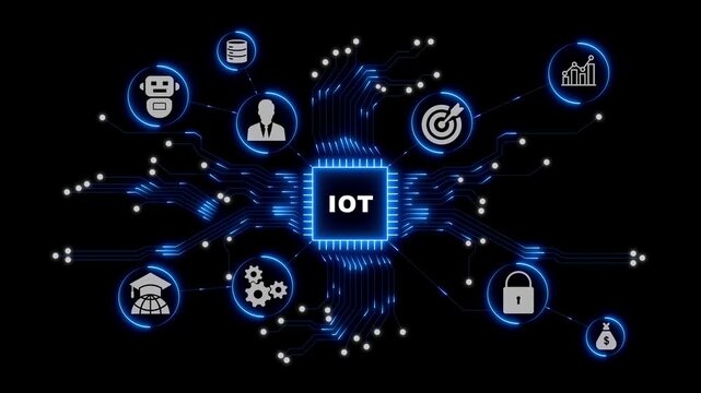 Internet of Things Ecosystem Concept with Connected Smart Technology Icons on a Dark Blue Digital Network Background Design