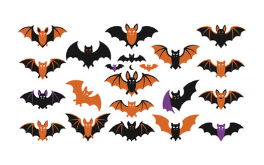 Obraz premium Collection Of Cartoon Bats In Orange Black And Purple Flat Vector Illustration bat flying
