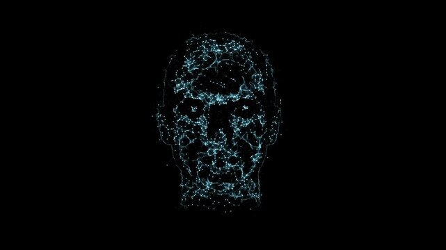 Glowing Particle Network Human Face on Black Background, Digital AI Concept Animation
